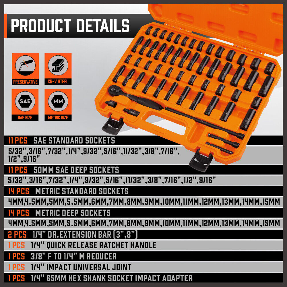 Comprehensive 56-Piece 1/4" Drive Impact Socket Wrench Set with Metric and Imperial Sizes, Ratchet Handle, Extensions, and Storage Case