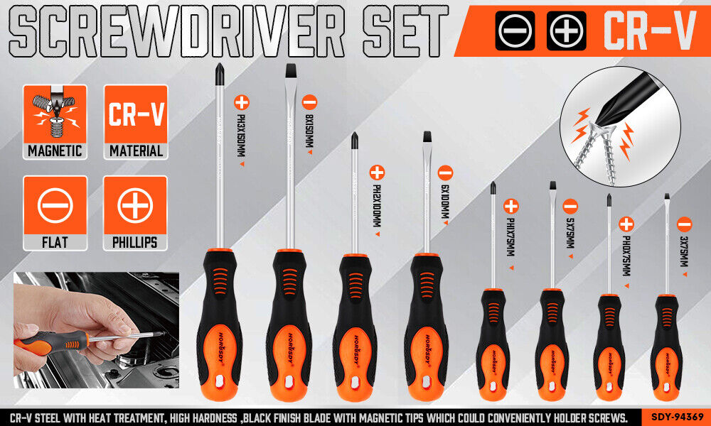 HORUSDY 8-Piece Magnetic Screwdriver Set featuring Non-Slip TPR Handles and Precision Phillips & Slotted Tips, with Tamper-Resistant Design