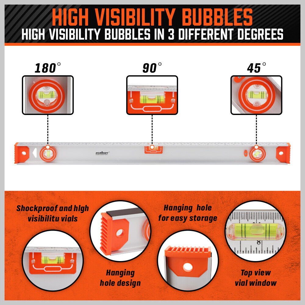 HORUSDY 80CM Torpedo Spirit Level, Durable ABS+Acrylic, Magnetic Strip, Red, with Plumb/Level/45-Degree Bubbles for Precision Measurement