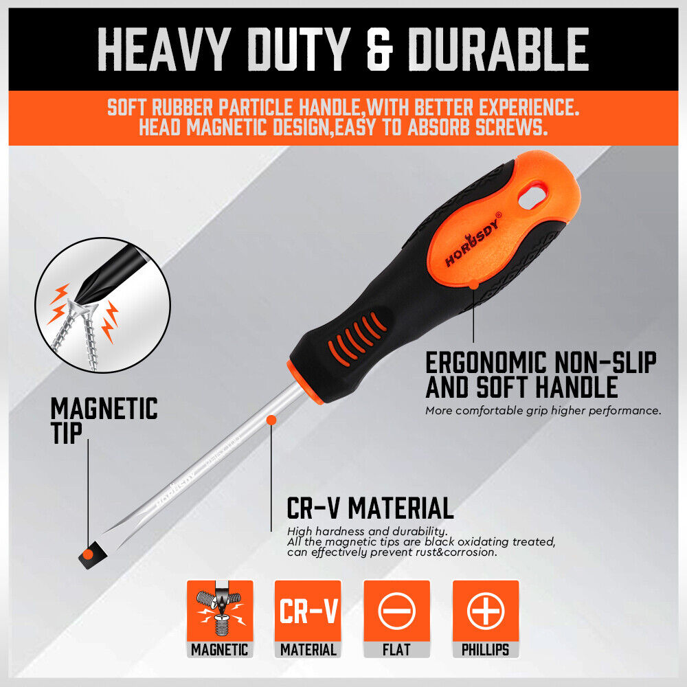 HORUSDY 8-Piece Magnetic Screwdriver Set featuring Non-Slip TPR Handles and Precision Phillips & Slotted Tips, with Tamper-Resistant Design