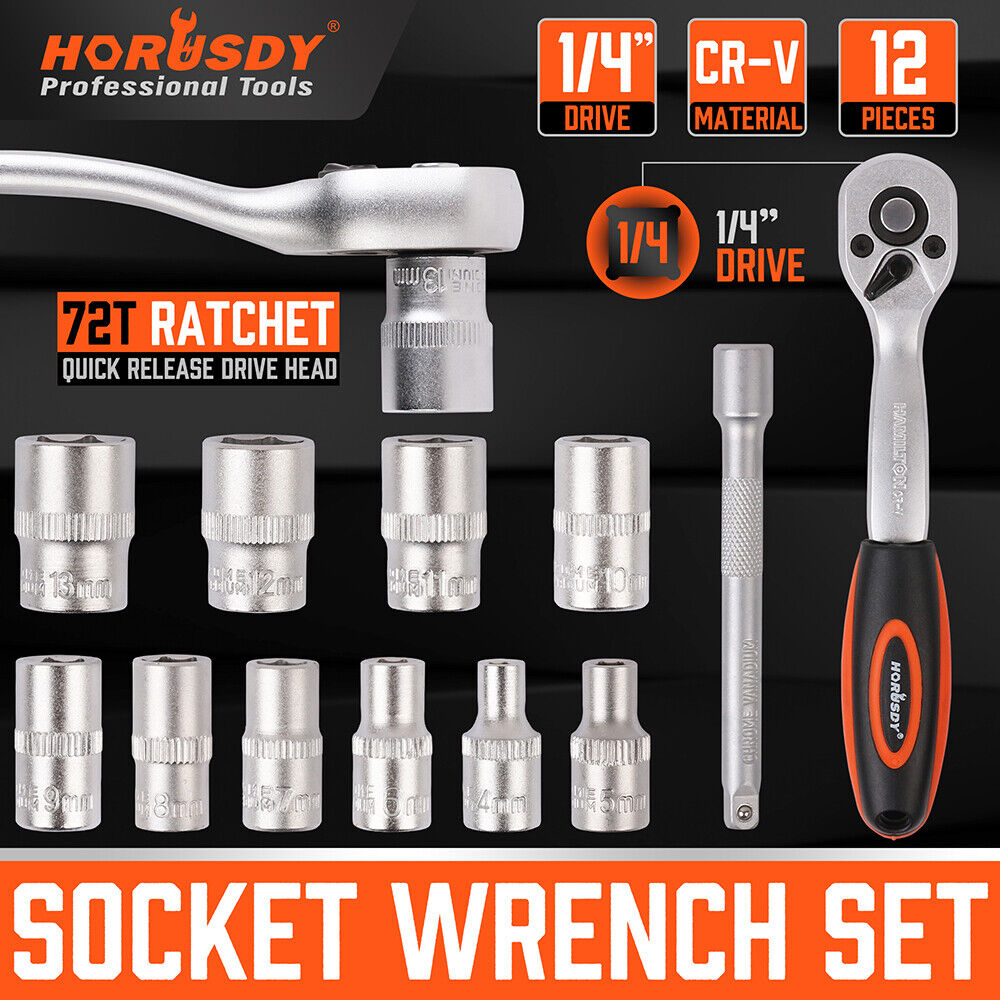 HORUSDY 12-Piece Ratchet Socket Wrench Set, Chrome-Plated Metric Sockets, and Extension Bar, with Organizing Rack