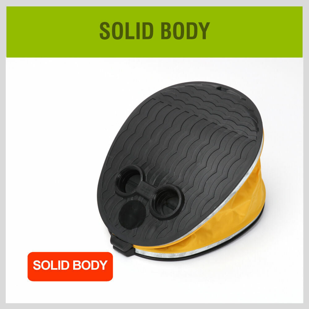 Compact and portable foot air pump with non-kink hose and three nozzles for various valves.