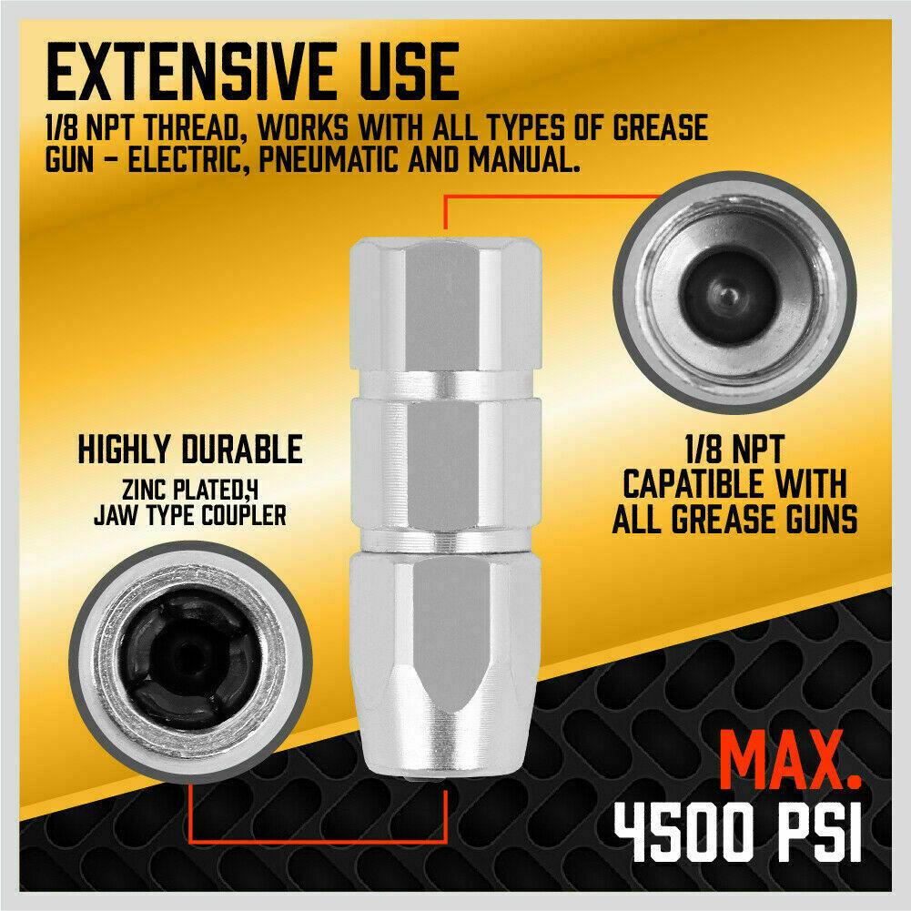 Durable Grease Gun Coupler with Quick Release and Lock System - 1/8'' NPT Thread, Rated for 10,000 PSI, Versatile Use