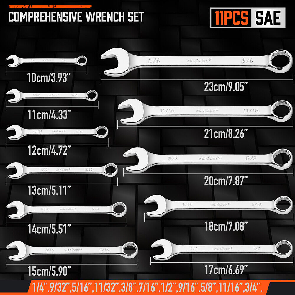 High-Quality HORUSDY 11-Piece SAE Spanner Set, Chrome Vanadium Steel, Sizes 1/4" to 3/4", Ideal for Car and Bicycle Maintenance