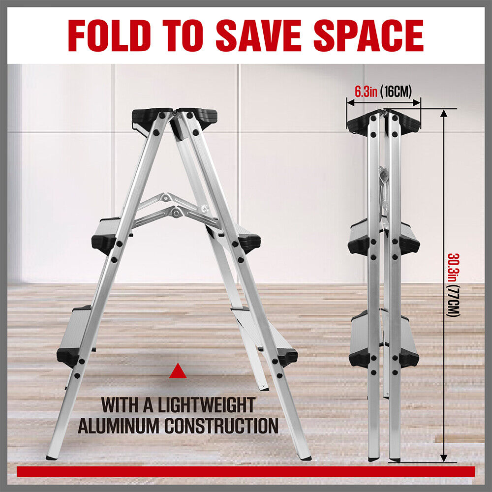 Portable 3-Step Folding Ladder Lightweight Aluminum Non-Slip Heavy-Dut ...