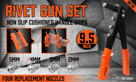 HORUSDY Heavy Duty 4-in-1 Pop Rivet Gun Set, Manual Riveter with Interchangeable Nozzles (5mm, 4mm, 3mm, 2mm) and Ergonomic Design for Easy Riveting