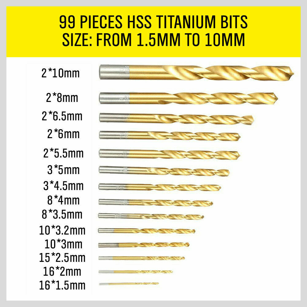 Comprehensive 99-Piece HSS Titanium Coated Drill Set - Precision Drills for Wood, Plastic, Metal, Sizes 1.5-10mm, Comes with Case