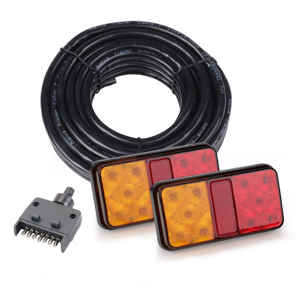 LED Trailer Tail Light Kit for Caravan Ute 7 Pin Flat Plug - Red and Yellow Lights