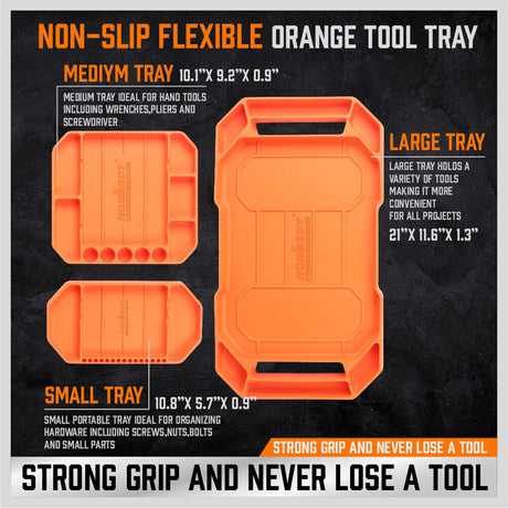 Set of three non-slip, flexible silicone tool trays in different sizes for organizing parts and tools in a workshop.