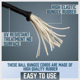 45-Piece Set of Elastic Bungee Ball Ties in Black, featuring 6 inch, 9 inch, and 11 inch lengths for versatile outdoor use