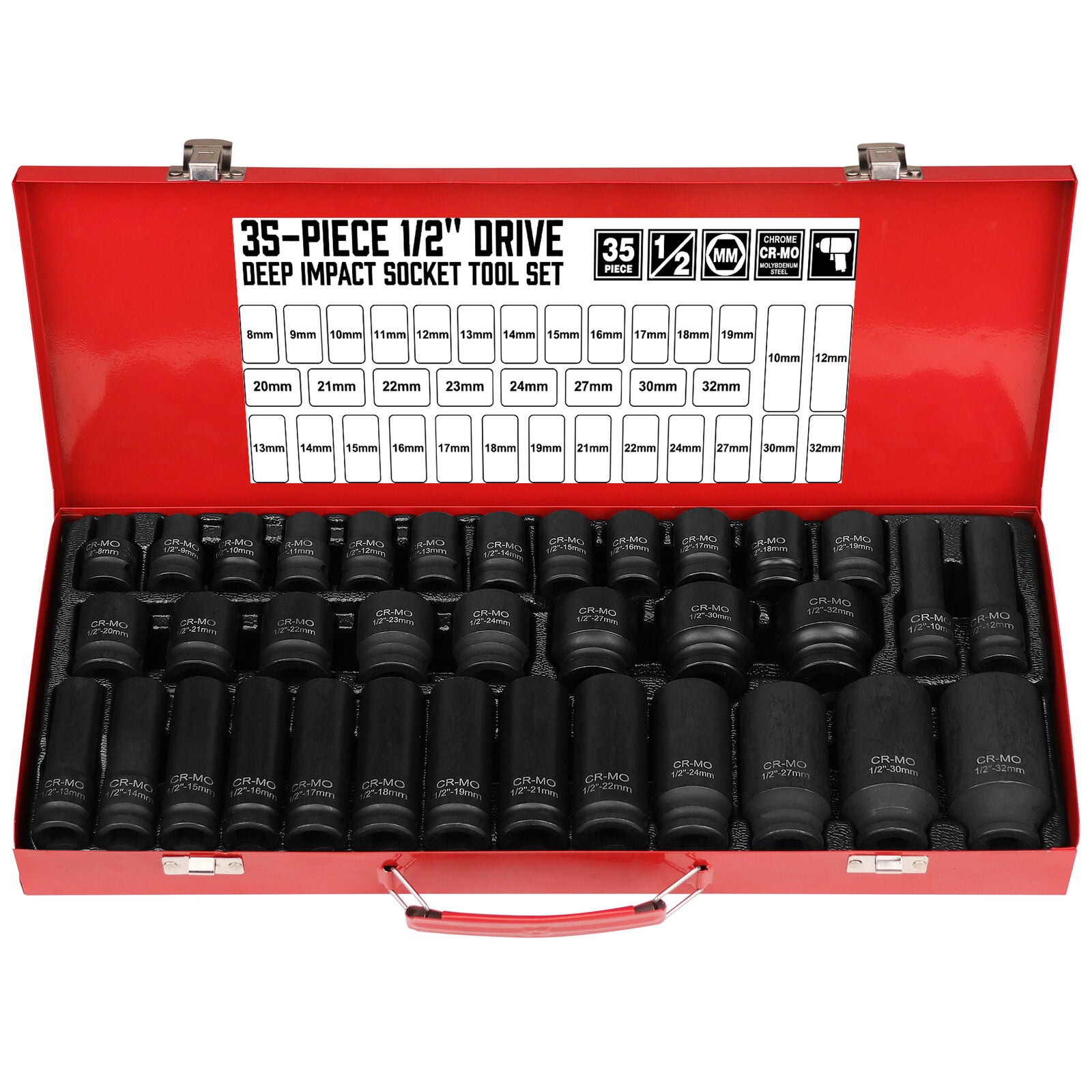 HORUSDY 35-Piece 1/2-Inch Drive Impact Socket Set, Metric 8-32mm, with Black Anti-Oxidation Coating and Storage Case