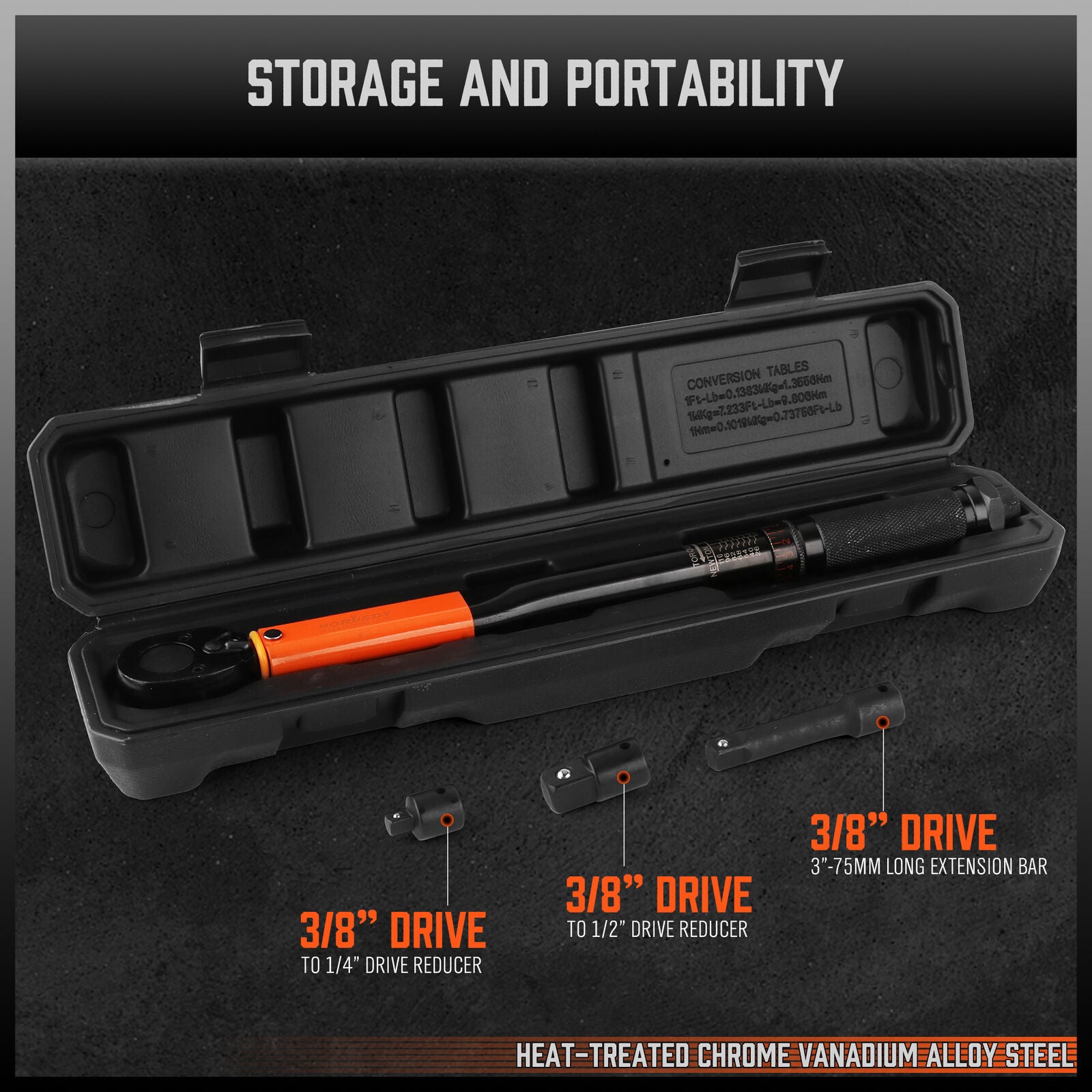 HORUSDY 4-Piece 3/8-Inch Drive Click Torque Wrench Kit with Adaptors and Extension Bar - Precision and Durability for Tightening Tasks