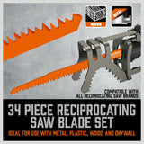 34-Piece Reciprocating Saw Blade Set for Wood and Metal Cutting, compatible with major brands.