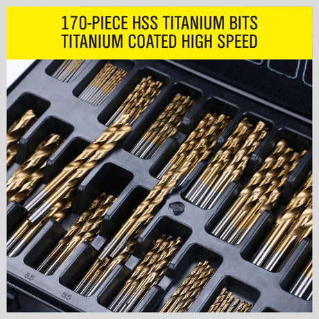 HORUSDY 170pcs Drill Bit Set, High-Speed Steel, Titanium Coated, Sizes 1-10mm, for Wood and Metal Drilling