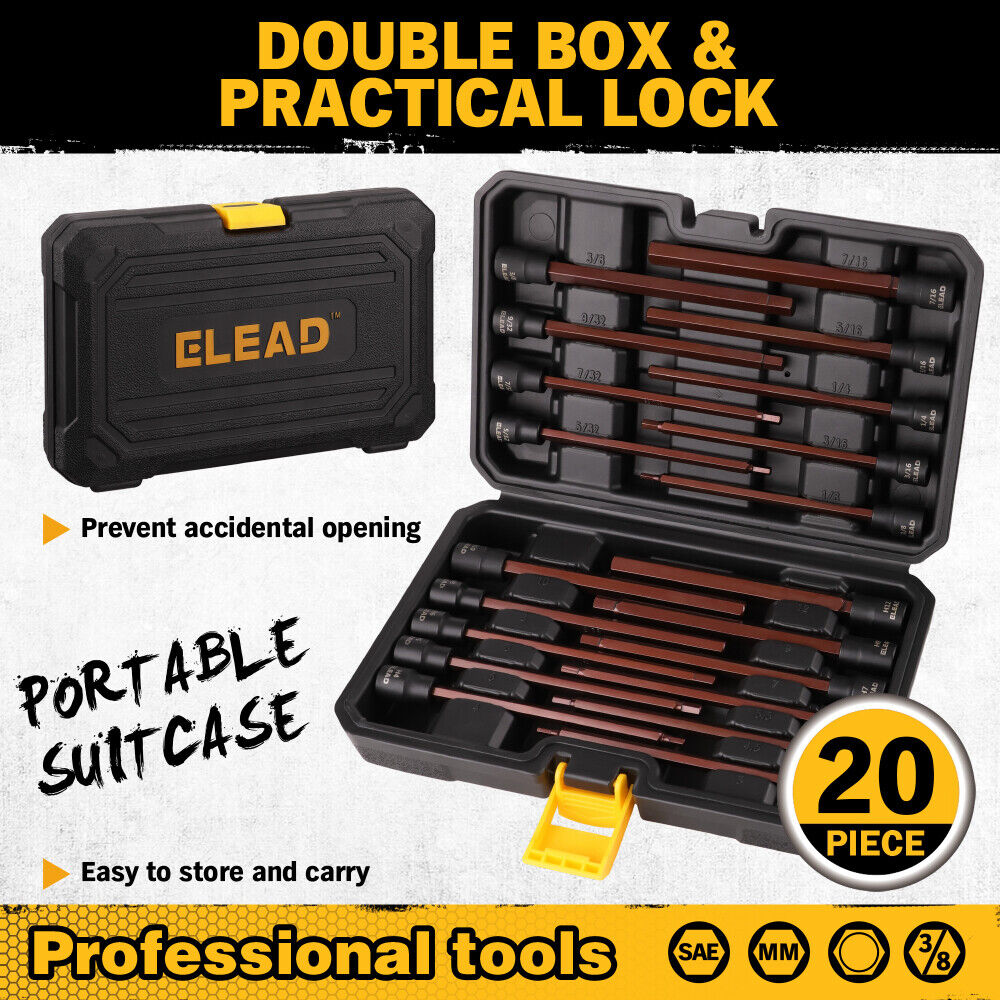 ELEAD 20Pcs Hex Bit Socket Set featuring Extra Long Design, SAE and Metric Sizes, Durable Chrome Vanadium Steel Construction, with Compact Carrying Case