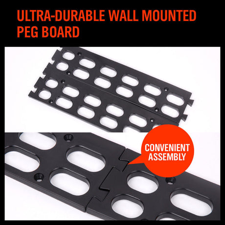 Robust Wall Mounted Bins Rack featuring 8 orange stackable plastic storage trays and 3 plastic racking, ideal for organizing small parts, tools, fishing tackle, and craft supplies. Designed to mount easily on pegboard, slot wall, or wooden studs, offering a versatile and space-saving solution for any workshop, garage, or hobby room