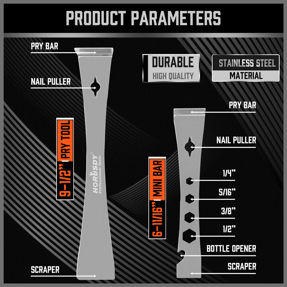 Durable stainless steel pry bars with hooked and flat ends for lifting, scraping, and prying.