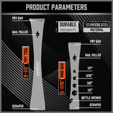Durable stainless steel pry bars with hooked and flat ends for lifting, scraping, and prying.