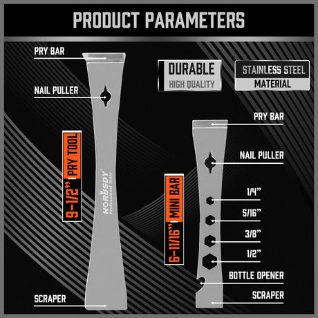 Durable stainless steel pry bars with hooked and flat ends for lifting, scraping, and prying.