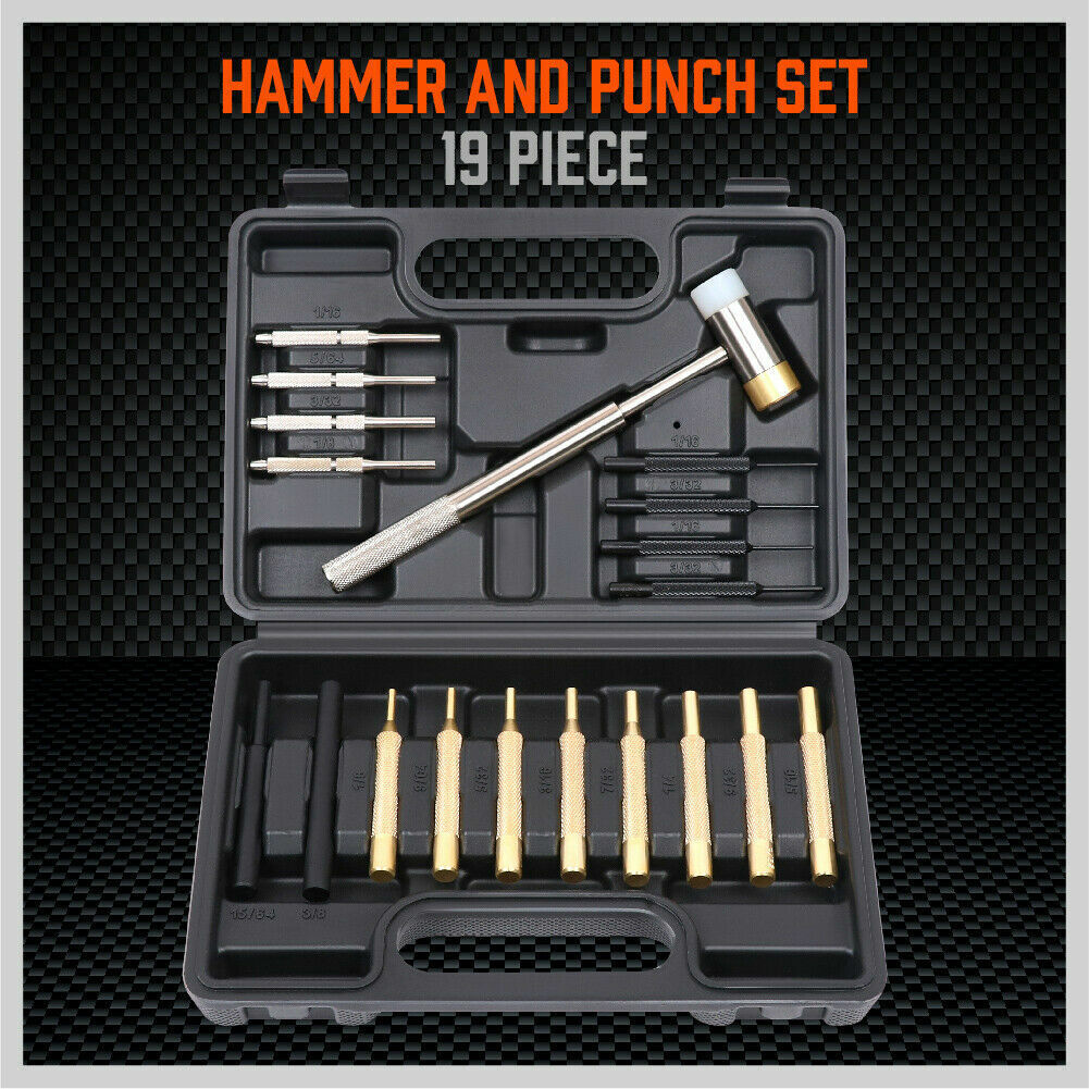 Comprehensive 19-piece gunsmith hammer and punch set with brass, steel, and polymer punches, including roll pin starters and a dual-faced hammer