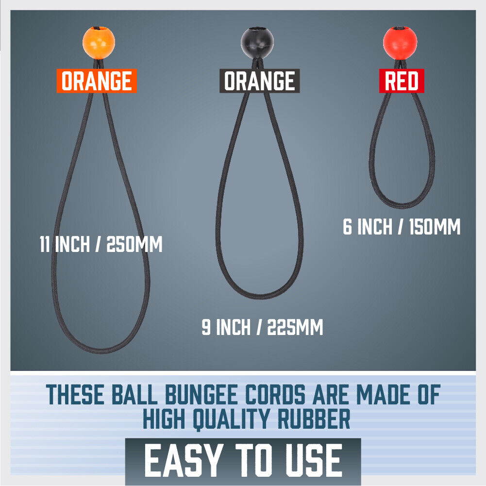 45-Piece Set of Elastic Bungee Ball Ties in Black, featuring 6 inch, 9 inch, and 11 inch lengths for versatile outdoor use