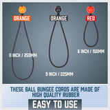 45-Piece Set of Elastic Bungee Ball Ties in Black, featuring 6 inch, 9 inch, and 11 inch lengths for versatile outdoor use