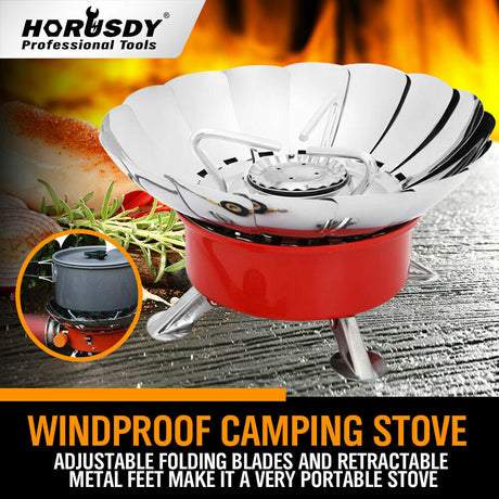 Compact and windproof outdoor gas burner, ideal for camping and outdoor cooking. Folding design for easy portability, with a sturdy and stable build