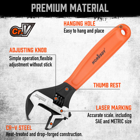 HORUSDY Adjustable Wrench Set with 6 and 10 Inch Spanners, Chrome Vanadium Steel, Black Oxide Finish, Precision Jaw Adjustment, and Comfort Grip