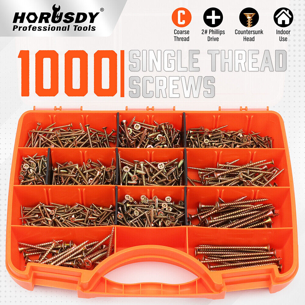 HORUSDY 1000-Piece Screw Set, Durable Steel Phillips Drywall Screws in Various Sizes, Anti-Corrosion and Rust-Resistant, in Plastic Storage Box for DIY Sheetrock and Woodwork