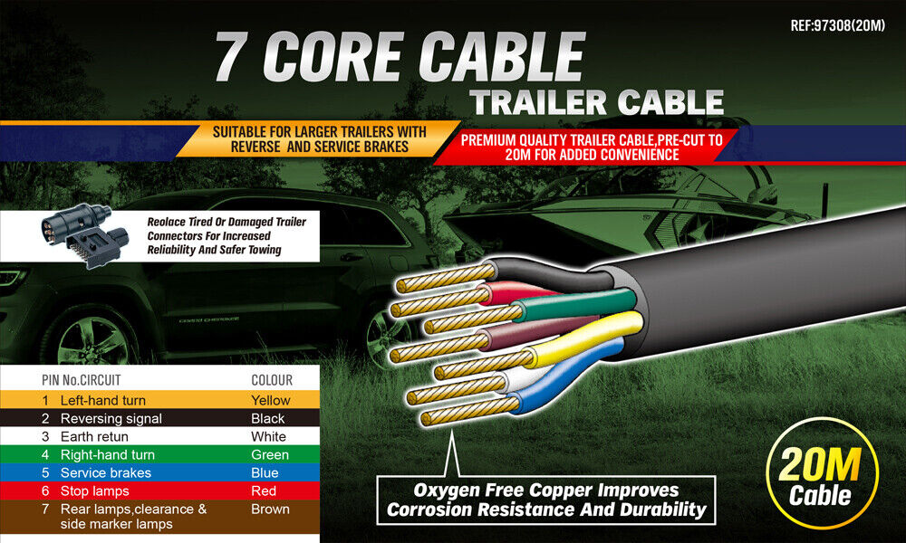 20M 7 Core Trailer Wire Cable featuring Oxygen-Free Copper Wire, ideal for electrical systems in caravans, boats, and trucks