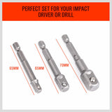 Durable 3Pc Drill Socket Adapter Set with chrome vanadium steel construction for impact drivers or drills.