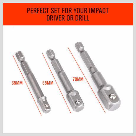 Durable 3Pc Drill Socket Adapter Set with chrome vanadium steel construction for impact drivers or drills.
