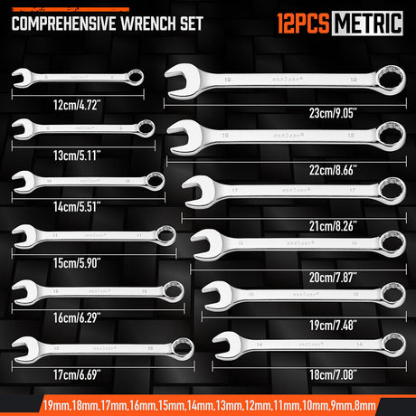 HORUSDY 12-Piece Metric Spanner Set, Chrome-Plated, Durable, Wear-Resistant, 8-19mm, Open & Ring Ended Wrenches, with Convenient Storage Clip
