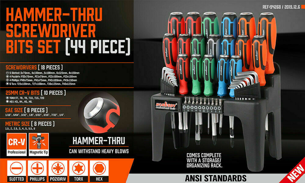 44-Piece Impact Screwdriver Set - Magnetic Hex Key and Torx Bits, high torque, color grip, durable construction.