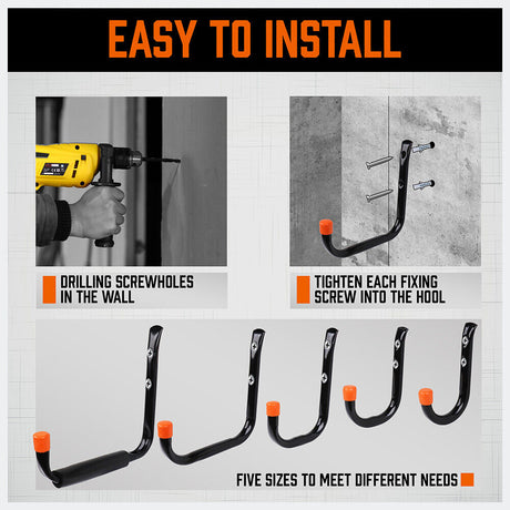 Set of 10 Heavy Duty Steel Wall Mount Hooks in Various Sizes for Garage and Utility Storage
