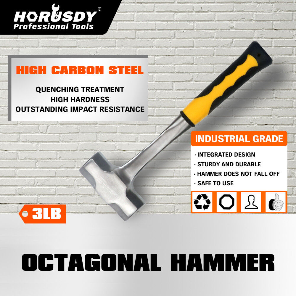 Sturdy 2LB/3LB steel hammer featuring a double octagonal head, solid forged one-piece design with a ribbed rubber grip handle for secure use.