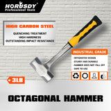 Sturdy 2LB/3LB steel hammer featuring a double octagonal head, solid forged one-piece design with a ribbed rubber grip handle for secure use.
