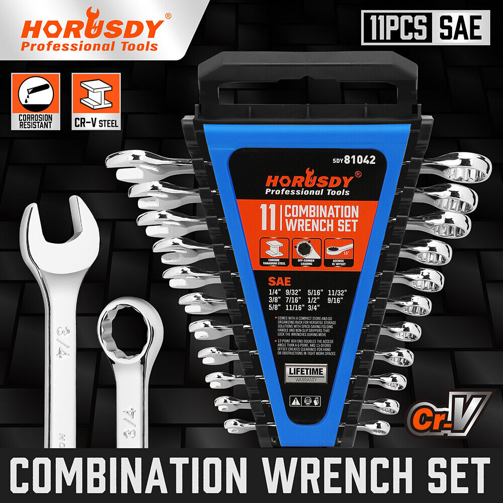 High-Quality HORUSDY 11-Piece SAE Spanner Set, Chrome Vanadium Steel, Sizes 1/4" to 3/4", Ideal for Car and Bicycle Maintenance