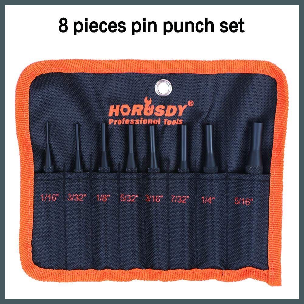 HORUSDY 8-Piece Long Pin Punch Set with Anti-Slip Sleeves in Sizes 1/16" - 5/16", SAE, Including Sturdy Nylon Pouch for Storage and Organization
