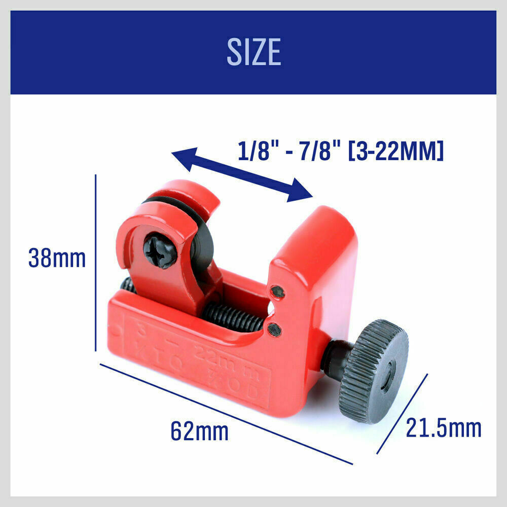 Mini Pipe Tube Cutter designed for cutting copper and PVC in confined spaces. Features quick adjustment and robust, stable construction. Ideal for plumbers, refrigeration, and auto HVAC tasks. Dimensions: 62x21.5x38mm, weight: 68g