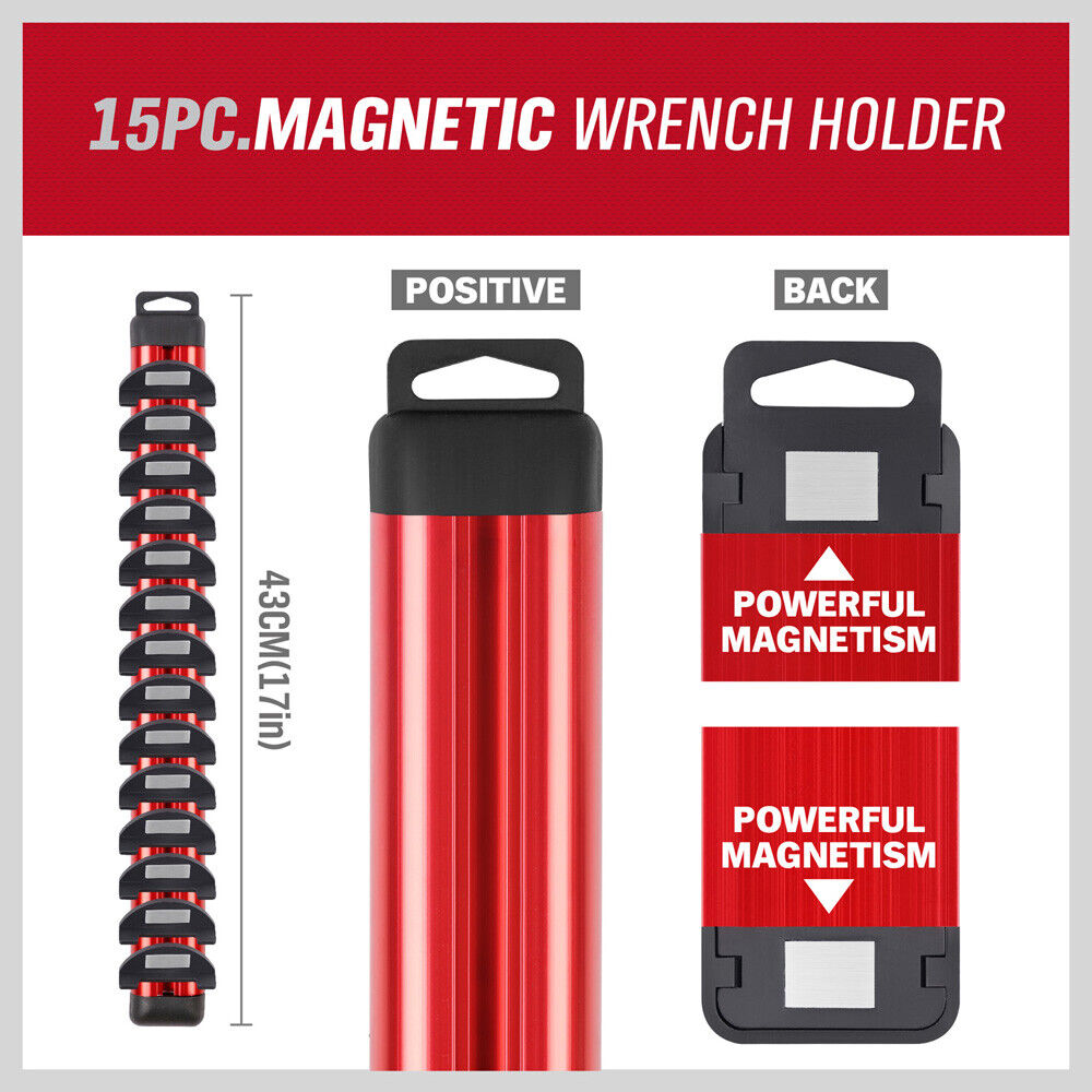 HORUSDY Magnetic Wrench Holder with 15 Slots, Durable Red Wall Mounted Tool Organizer for Spanners and Screwdrivers