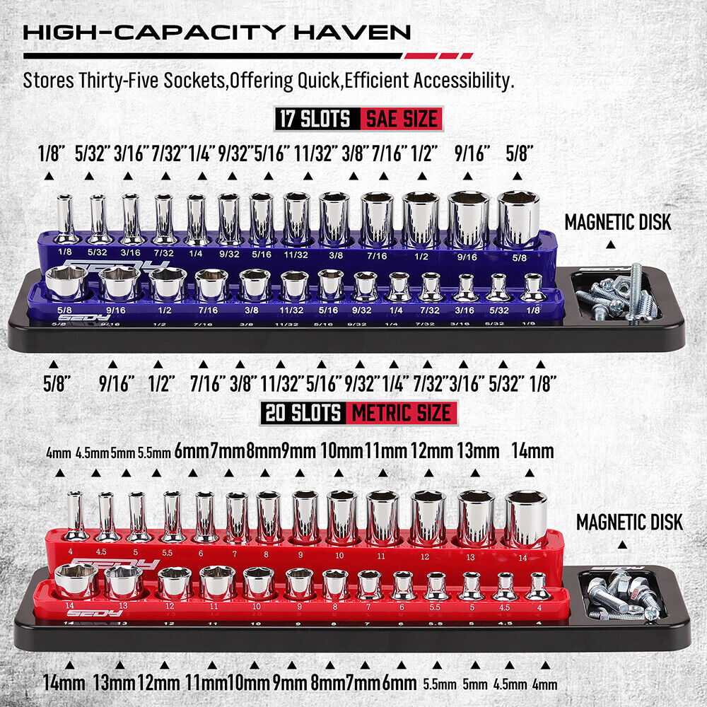 SEDY Detachable Magnetic Socket Organizer for 1/4-Inch Drive Metric and SAE Sockets with High-Capacity Storage