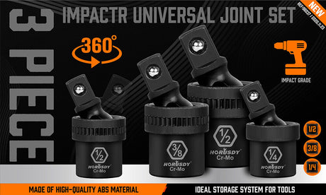  Image of the 3Pc Swivel Impact Socket Adapter Set, showcasing the 1/2", 3/8", and 1/4" adapters made from heat-treated black chrome molybdenum steel, with full 360-degree swivel motion and spring-loaded ball mechanism.