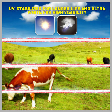 400-meter Roll of Red and White High-Visibility Poly Tape for Electric Fence, featuring 5 Strands of 0.2mm Stainless Steel Wire, UV Stabilized High-Grade Polyethylene, compatible with Fence Energiser