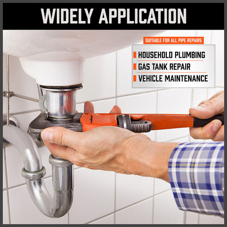 Set of four heavy-duty pipe wrenches in sizes 8, 10, 12, and 14 inches, featuring high-strength malleable cast iron handles and heavy forged steel heads for durability. The wrenches have sharp, precise teeth for a firm grip on pipes and comfortable plastic-wrapped handles for easy use.