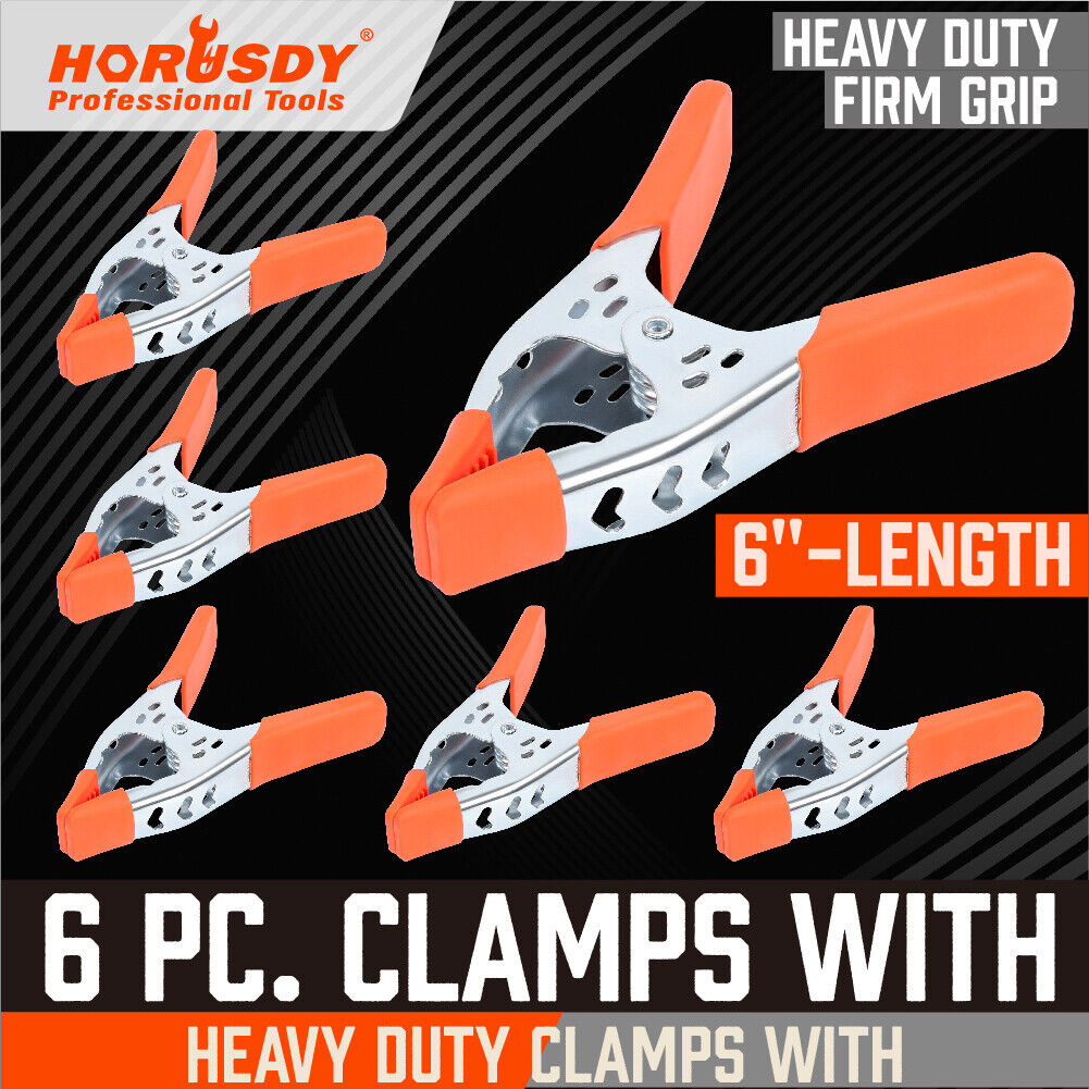 Set of 6 Heavy Duty 6-Inch Spring Clamps with Non-Slip Rubber Grip and 2.5-Inch Jaw Opening for Carpentry and DIY