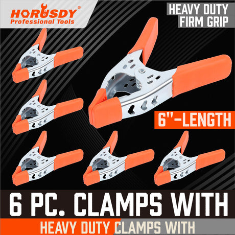 Set of 6 Heavy Duty 6-Inch Spring Clamps with Non-Slip Rubber Grip and 2.5-Inch Jaw Opening for Carpentry and DIY