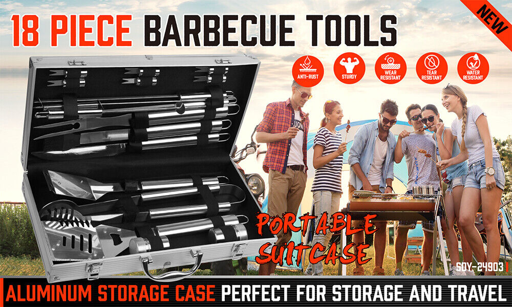 Complete 18-piece BBQ tool set crafted from durable stainless steel, including spatula, tongs, skewers, and more, housed in a sleek aluminum case