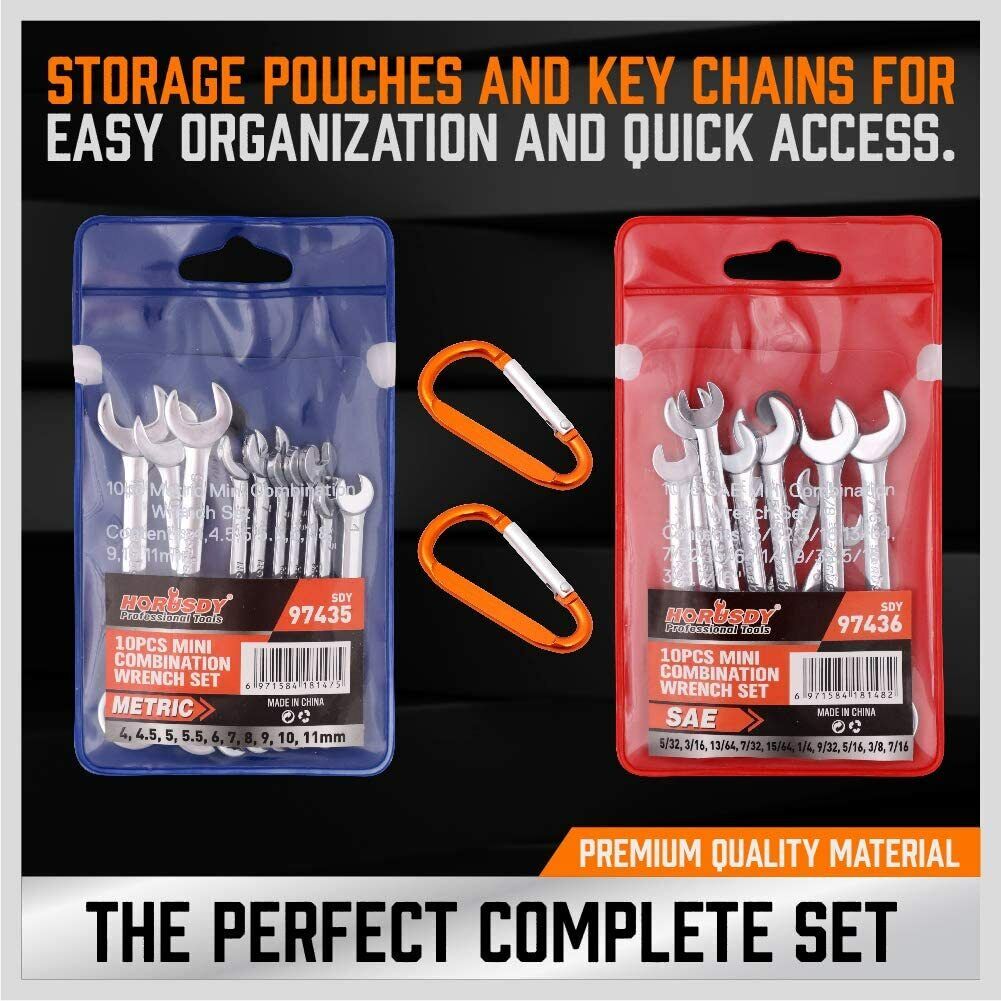 20-Piece Compact Mini Spanner Set including Metric and SAE Stubby Combination Wrenches with Open and Ring Ends