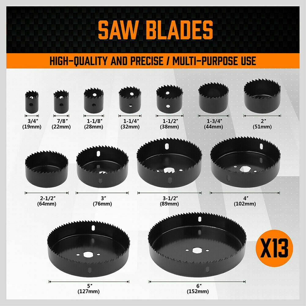 Durable 19-piece hole saw set with carbon steel construction, designed for cutting soft wood, PVC, and gypsum boards, ranging from 19mm to 152mm in size.